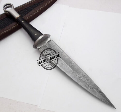 New Damascus Swiss Dagger Knife Custom Handmade Damascus Steel Professional Hunting Knife Best Damascus Swiss Dagger Knife With Buffalo Horn Handle Leather Sheath 1198