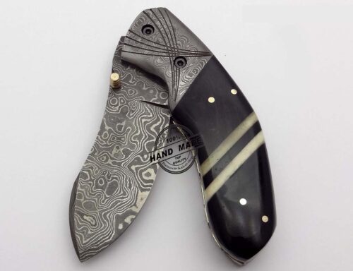 Custom Handmade Damascus Steel Hunting Knife Best Pocket Knife With Buffalo Horn Handle Leather Sheaths 1303