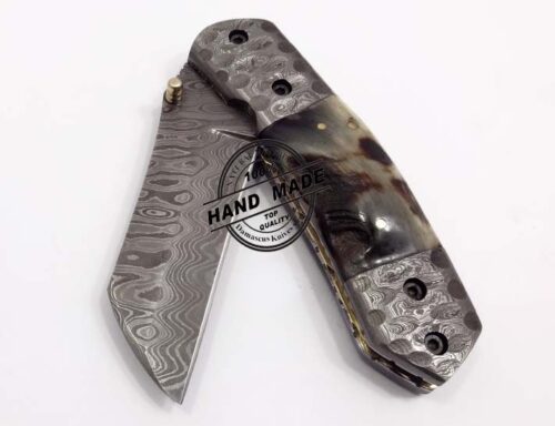 Custom Handmade Damascus Steel Hunting Folding Knife Best Pocket Knife With Ram Horn Handle Leather Sheaths 1304