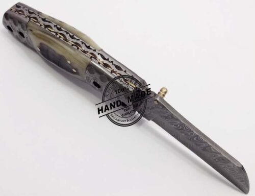 Custom Handmade Damascus Steel Hunting Folding Knife Best Pocket Knife With Ram Horn Handle Leather Sheaths 1304 - Image 4
