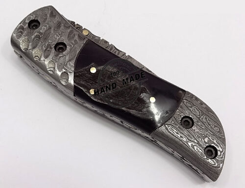 Damascus Folding Liner Lock Knife Custom Handmade Damascus Steel Hunting Knife Damascus Folding Knife With Black Horn Handle Leather Sheaths 1322 - Image 3