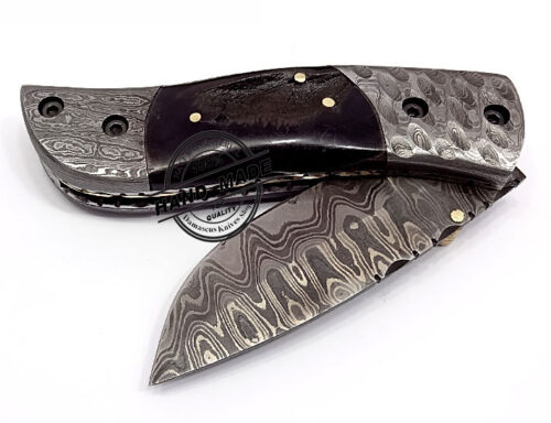 Damascus Folding Liner Lock Knife Custom Handmade Damascus Steel Hunting Knife Damascus Folding Knife With Black Horn Handle Leather Sheaths 1322 - Image 4
