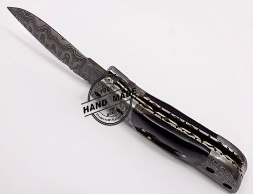 Damascus Folding Liner Lock Knife Custom Handmade Damascus Steel Hunting Knife Damascus Folding Knife With Black Horn Handle Leather Sheaths 1322 - Image 5