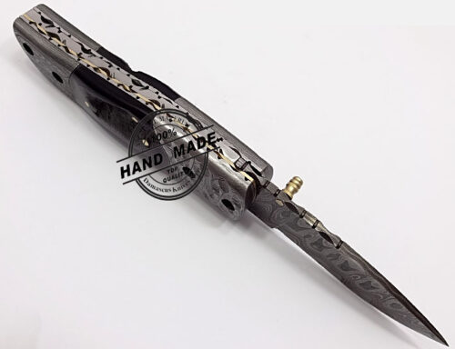 Damascus Folding Liner Lock Knife Custom Handmade Damascus Steel Hunting Knife Damascus Folding Knife With Black Horn Handle Leather Sheaths 1322 - Image 6
