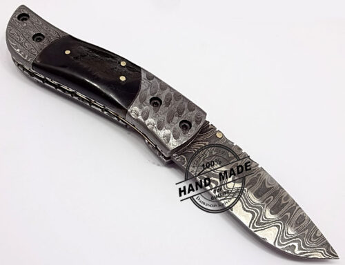Damascus Folding Liner Lock Knife Custom Handmade Damascus Steel Hunting Knife Damascus Folding Knife With Black Horn Handle Leather Sheaths 1322