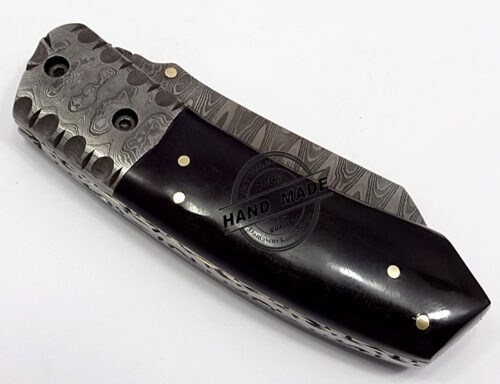 Damascus Folding Liner Lock Knife Custom Handmade Damascus Steel Folding Knife With Black Horn Handle Leather Sheaths 1323 - Image 3