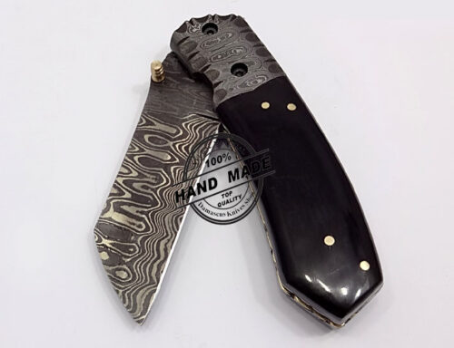 Damascus Folding Liner Lock Knife Custom Handmade Damascus Steel Folding Knife With Black Horn Handle Leather Sheaths 1323 - Image 4