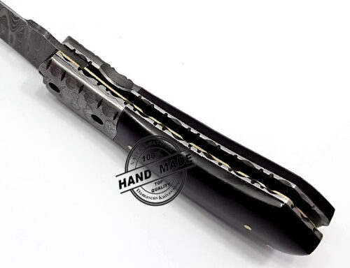 Damascus Folding Liner Lock Knife Custom Handmade Damascus Steel Folding Knife With Black Horn Handle Leather Sheaths 1323 - Image 5