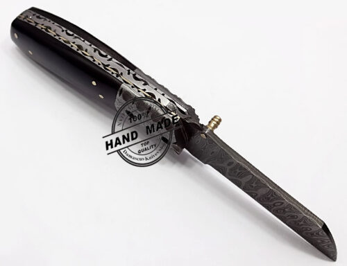 Damascus Folding Liner Lock Knife Custom Handmade Damascus Steel Folding Knife With Black Horn Handle Leather Sheaths 1323 - Image 6