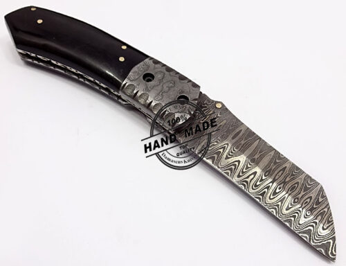 Damascus Folding Liner Lock Knife Custom Handmade Damascus Steel Folding Knife With Black Horn Handle Leather Sheaths 1323