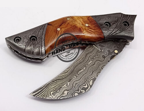 Damascus Folding Liner Lock Knife Amazing Damascus Russian Folding Knife Custom Handmade Damascus Steel Hunting Knife New Damascus Folding Knife With Olive Wood Handle Leather Sheaths 1324 - Image 3