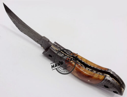 Damascus Folding Liner Lock Knife Amazing Damascus Russian Folding Knife Custom Handmade Damascus Steel Hunting Knife New Damascus Folding Knife With Olive Wood Handle Leather Sheaths 1324 - Image 4