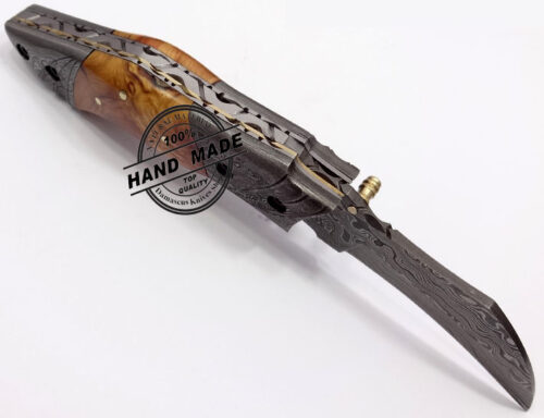 Damascus Folding Liner Lock Knife Amazing Damascus Russian Folding Knife Custom Handmade Damascus Steel Hunting Knife New Damascus Folding Knife With Olive Wood Handle Leather Sheaths 1324 - Image 5