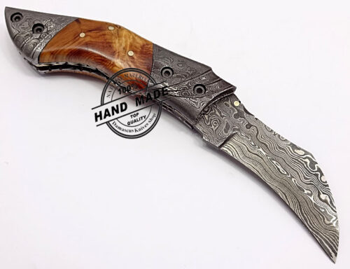 Damascus Folding Liner Lock Knife Amazing Damascus Russian Folding Knife Custom Handmade Damascus Steel Hunting Knife New Damascus Folding Knife With Olive Wood Handle Leather Sheaths 1324