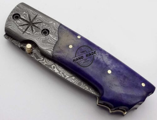 Damascus Folding Liner Lock Knife Custom Handmade Damascus Steel Hunting Knife Damascus Folding Knife With Colored Camel Bone Handle Leather Sheaths 1325 - Image 3