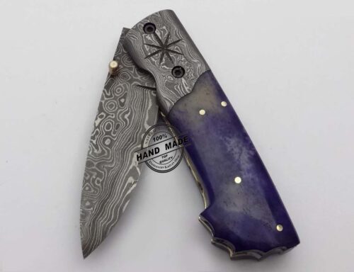 Damascus Folding Liner Lock Knife Custom Handmade Damascus Steel Hunting Knife Damascus Folding Knife With Colored Camel Bone Handle Leather Sheaths 1325 - Image 4