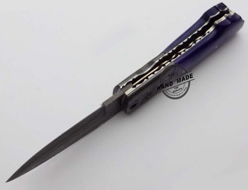 Damascus Folding Liner Lock Knife Custom Handmade Damascus Steel Hunting Knife Damascus Folding Knife With Colored Camel Bone Handle Leather Sheaths 1325 - Image 5