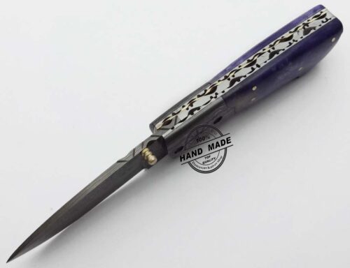 Damascus Folding Liner Lock Knife Custom Handmade Damascus Steel Hunting Knife Damascus Folding Knife With Colored Camel Bone Handle Leather Sheaths 1325 - Image 6