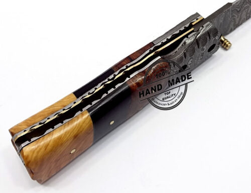 Damascus Folding Liner Lock Knife Damascus Fish Folding Knife Custom Handmade Damascus Steel Hunting Knife Beautiful Damascus Fish Folding Knife With Walnut,Horn,Olive Wood Handle Leather Sheaths 1326 - Image 4