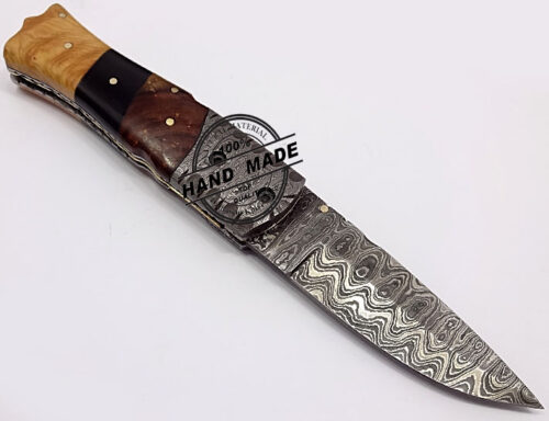Damascus Folding Liner Lock Knife Damascus Fish Folding Knife Custom Handmade Damascus Steel Hunting Knife Beautiful Damascus Fish Folding Knife With Walnut,Horn,Olive Wood Handle Leather Sheaths 1326