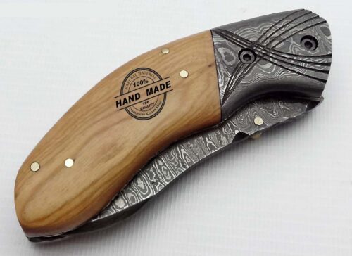 Damascus Folding Liner Lock Knife New Damascus Folding Knife Custom Handmade Damascus Steel Best Damascus Pocket Knife With Olive Wood Handle Leather Sheaths 1331 - Image 3