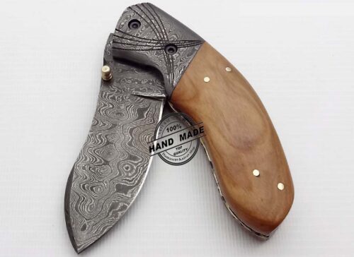 Damascus Folding Liner Lock Knife New Damascus Folding Knife Custom Handmade Damascus Steel Best Damascus Pocket Knife With Olive Wood Handle Leather Sheaths 1331 - Image 4