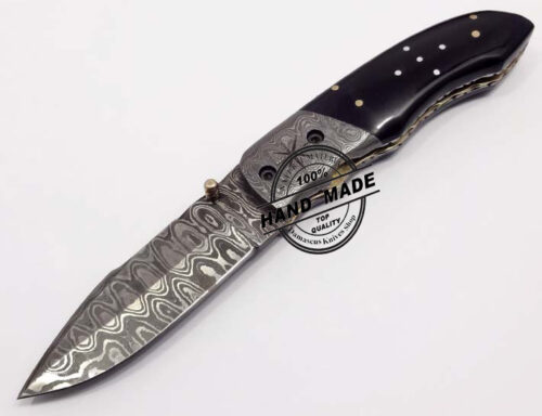 Custom Handmade Damascus Steel Hunting Knife Best Damascus Folding Knife With Buffalo Horn Handle Leather Sheaths 1306