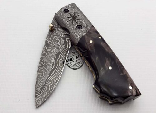 Damascus Folding Liner Lock Knife Custom Handmade Damascus Steel Damascus Folding Knife With Buffalo Horn Handel Leather Sheaths 1332 - Image 3