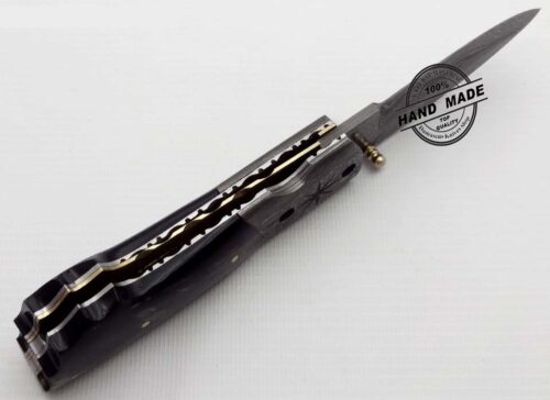 Damascus Folding Liner Lock Knife Custom Handmade Damascus Steel Damascus Folding Knife With Buffalo Horn Handel Leather Sheaths 1332 - Image 4