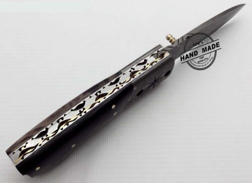 Damascus Folding Liner Lock Knife Custom Handmade Damascus Steel Damascus Folding Knife With Buffalo Horn Handel Leather Sheaths 1332 - Image 5