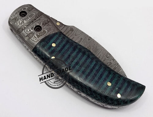 Damascus Liner Lock Knife Custom Handmade Damascus Steel Hunting Knife New Damascus Folding Knife With Micatra Handle Leather Sheaths 1334 - Image 3