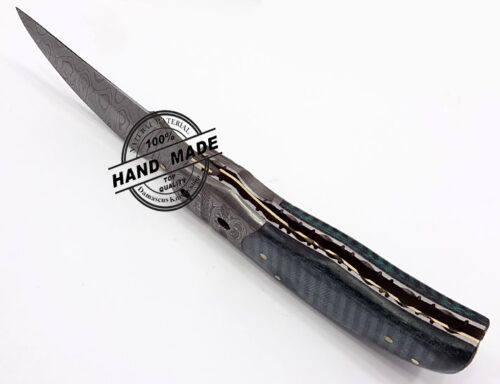 Damascus Liner Lock Knife Custom Handmade Damascus Steel Hunting Knife New Damascus Folding Knife With Micatra Handle Leather Sheaths 1334 - Image 5