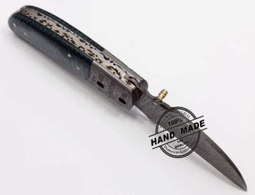 Damascus Liner Lock Knife Custom Handmade Damascus Steel Hunting Knife New Damascus Folding Knife With Micatra Handle Leather Sheaths 1334 - Image 6