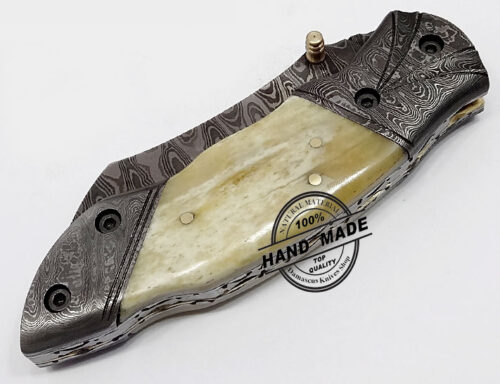 Damascus Folding Liner Lock Knife New Damascus Folding Knife Custom Handmade Damascus Steel Hunting Knife Best Damascus Folding Knife With Camel Bone Handle Leather Sheaths 1335