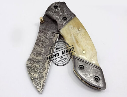 Damascus Folding Liner Lock Knife New Damascus Folding Knife Custom Handmade Damascus Steel Hunting Knife Best Damascus Folding Knife With Camel Bone Handle Leather Sheaths 1335 - Image 3