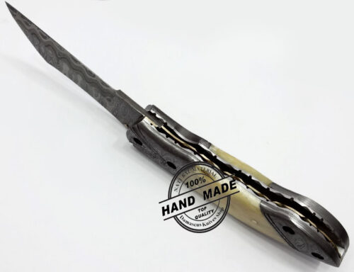 Damascus Folding Liner Lock Knife New Damascus Folding Knife Custom Handmade Damascus Steel Hunting Knife Best Damascus Folding Knife With Camel Bone Handle Leather Sheaths 1335 - Image 4