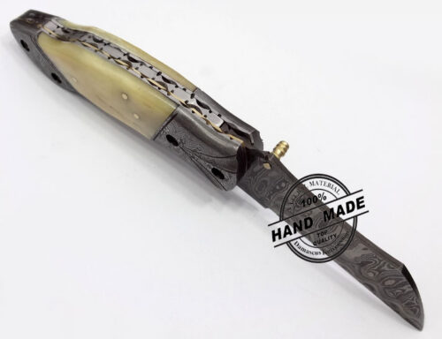 Damascus Folding Liner Lock Knife New Damascus Folding Knife Custom Handmade Damascus Steel Hunting Knife Best Damascus Folding Knife With Camel Bone Handle Leather Sheaths 1335 - Image 5