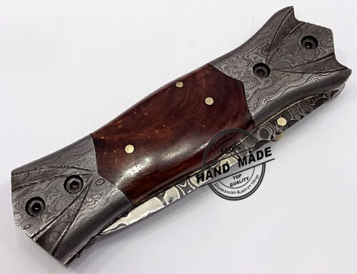Damascus Folding Liner Lock Knife Swiss Damascus Folding Knife Custom Handmade Damascus Steel Hunting Knife Best Damascus Folding Knife With Natural Wood Handle Leather Sheaths 1338 - Image 3