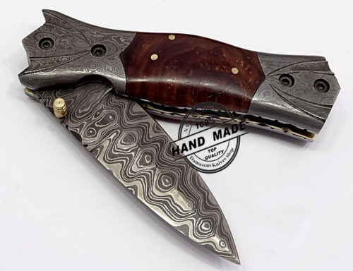 Damascus Folding Liner Lock Knife Swiss Damascus Folding Knife Custom Handmade Damascus Steel Hunting Knife Best Damascus Folding Knife With Natural Wood Handle Leather Sheaths 1338 - Image 4