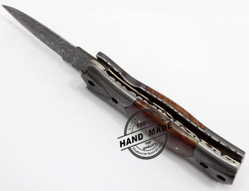 Damascus Folding Liner Lock Knife Swiss Damascus Folding Knife Custom Handmade Damascus Steel Hunting Knife Best Damascus Folding Knife With Natural Wood Handle Leather Sheaths 1338 - Image 5