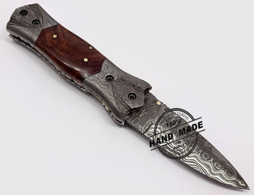 Damascus Folding Liner Lock Knife Swiss Damascus Folding Knife Custom Handmade Damascus Steel Hunting Knife Best Damascus Folding Knife With Natural Wood Handle Leather Sheaths 1338