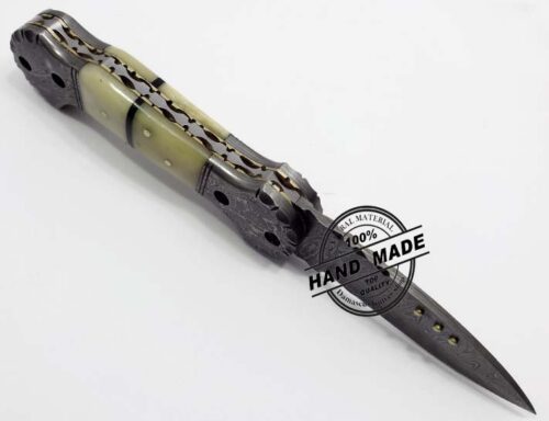 Damascus Folding Knife Custom Handmade Damascus Steel 1340 - Image 3
