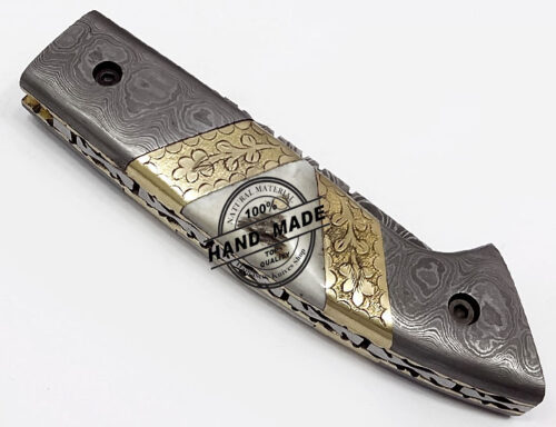 Damascus Folding Liner Lock Knife Beautiful Damascus Folding Knife Custom Handmade Damascus Steel Hunting Knife New Damascus Folding Knife With Hand Engraved Steel Handle Leather Sheaths 1341 - Image 3