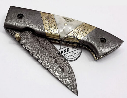 Damascus Folding Liner Lock Knife Beautiful Damascus Folding Knife Custom Handmade Damascus Steel Hunting Knife New Damascus Folding Knife With Hand Engraved Steel Handle Leather Sheaths 1341 - Image 4