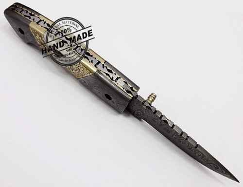 Damascus Folding Liner Lock Knife Beautiful Damascus Folding Knife Custom Handmade Damascus Steel Hunting Knife New Damascus Folding Knife With Hand Engraved Steel Handle Leather Sheaths 1341 - Image 5
