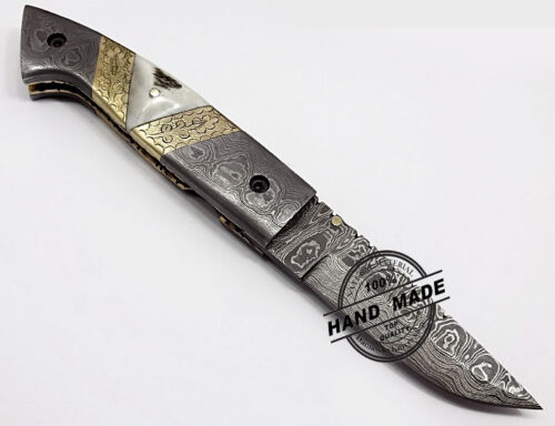 Damascus Folding Liner Lock Knife Beautiful Damascus Folding Knife Custom Handmade Damascus Steel Hunting Knife New Damascus Folding Knife With Hand Engraved Steel Handle Leather Sheaths 1341
