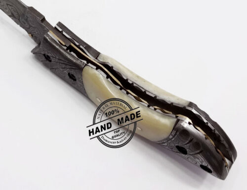 Damascus Folding Liner Lock Knife Amazing Damascus Russian Folding Knife Custom Handmade Damascus Steel Hunting Knife New Damascus Folding Knife With Real Bone Handle Leather Sheaths 1339 - Image 3