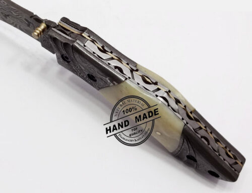 Damascus Folding Liner Lock Knife Amazing Damascus Russian Folding Knife Custom Handmade Damascus Steel Hunting Knife New Damascus Folding Knife With Real Bone Handle Leather Sheaths 1339 - Image 4