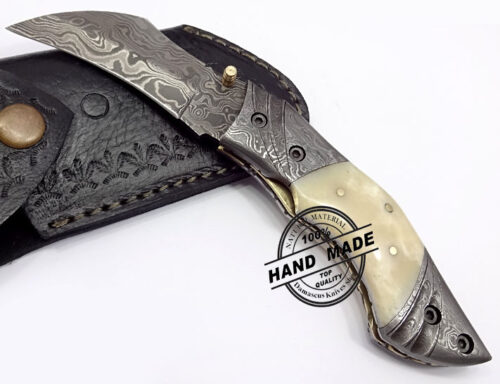Damascus Folding Liner Lock Knife Amazing Damascus Russian Folding Knife Custom Handmade Damascus Steel Hunting Knife New Damascus Folding Knife With Real Bone Handle Leather Sheaths 1339 - Image 5