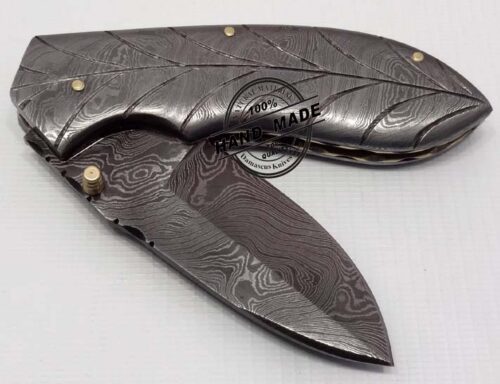 Full Damascus Folding Knife Custom Handmade Damascus Steel Hunting Knife Full Damascus Folding Knife With Leather Sheaths 1346 - Image 4